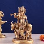 Exquisite Brass Lord Krishna with Cow Idol - Intricately Handcrafted, 8.5" Height